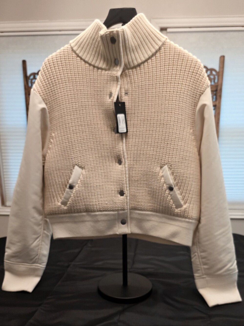 Rag & Bone Cream Knit and Leather Bomber Jacket